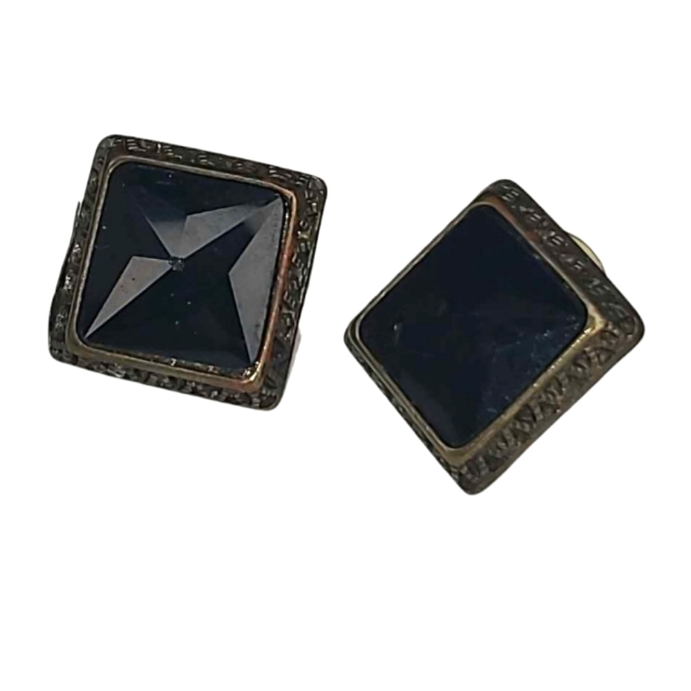 GOTHIC BLACK ONYX Vintage Big Square MultiFaceted Post Earrings Antique Gold